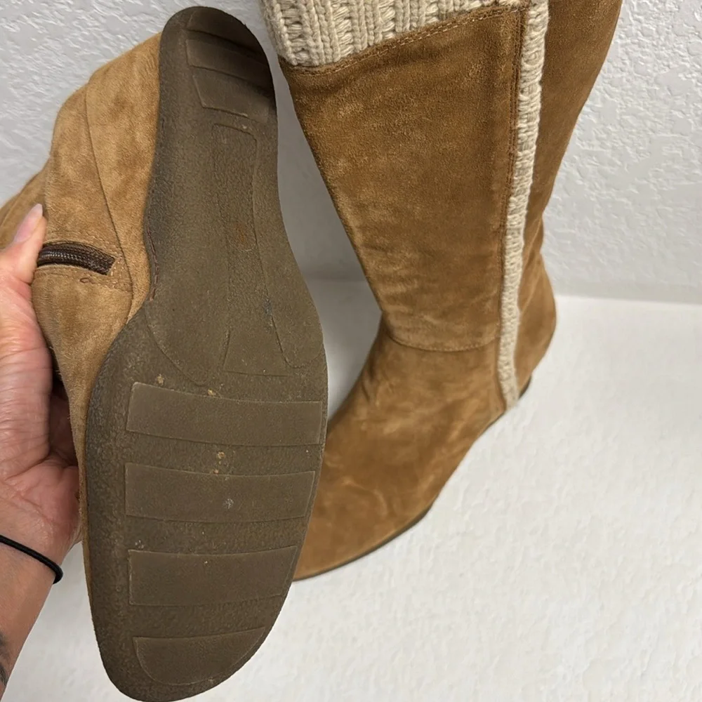 Leather Suede Tan Knee-High wedge Boots 8 - Picture 8 of 13
